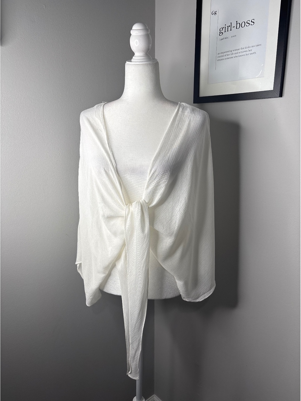 White Tie-Front Long Sleeve Blouse